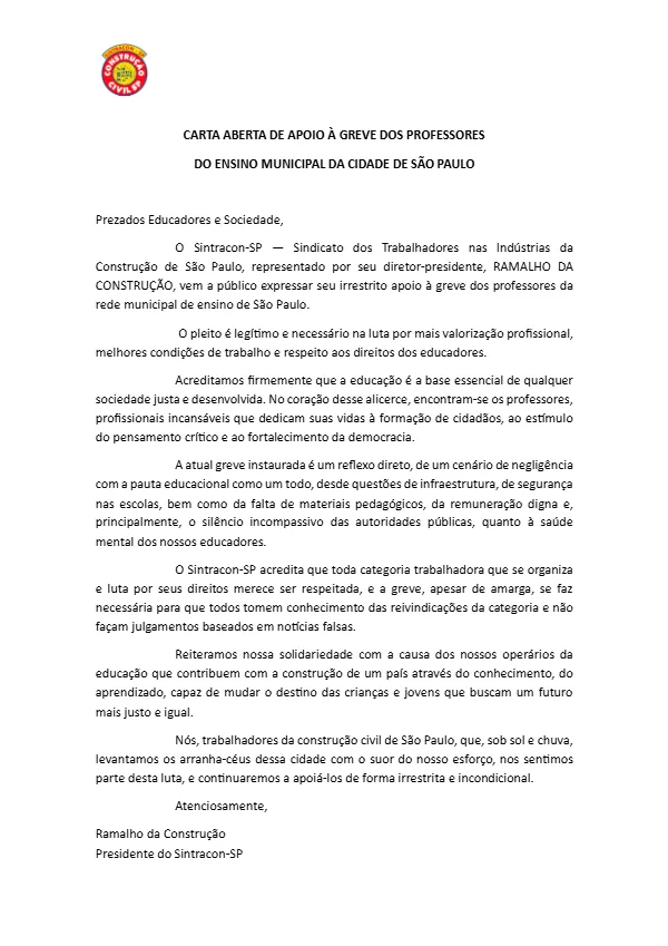 Carta aberta de apoio à greve dos professores do ensino municipal da cidade de São Paulo