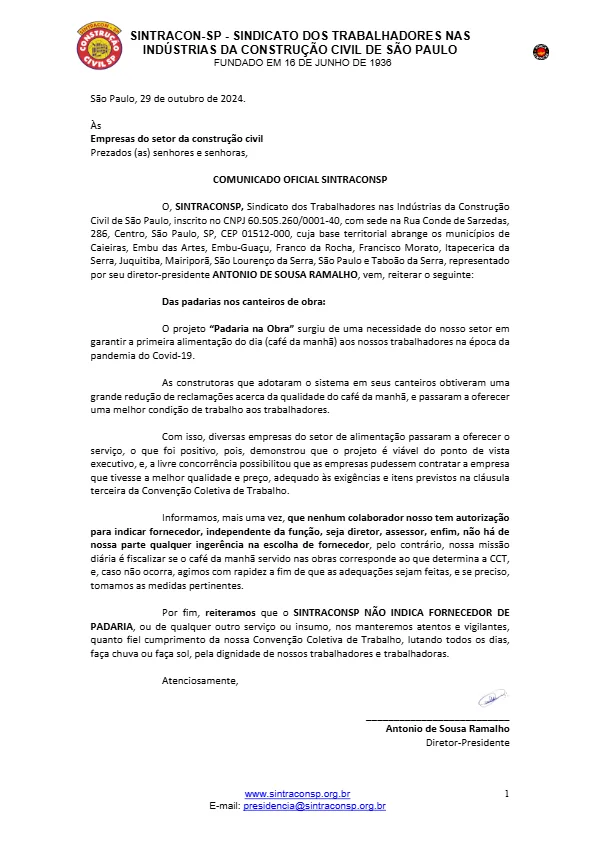 Comunicado Oficial Sintracon-SP Padaria
